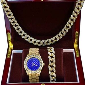 Gold Watch Diamond Cuban Link Bracelet Chain Set